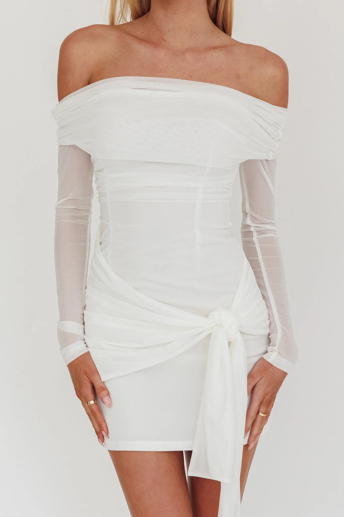 Dangerous Off Shoulder Waist Tie Mini Dress White