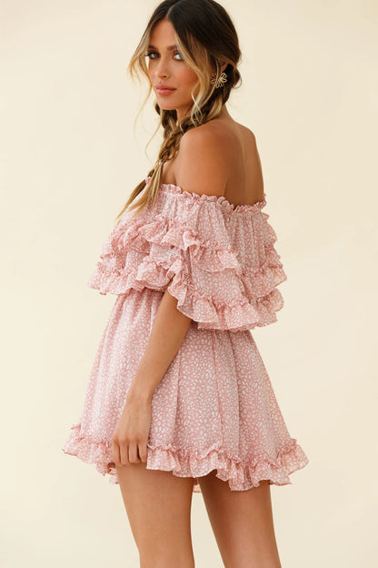 Meet Me At Sunset Bardot Neckline Frill Trim Dress Speckle Print Pink