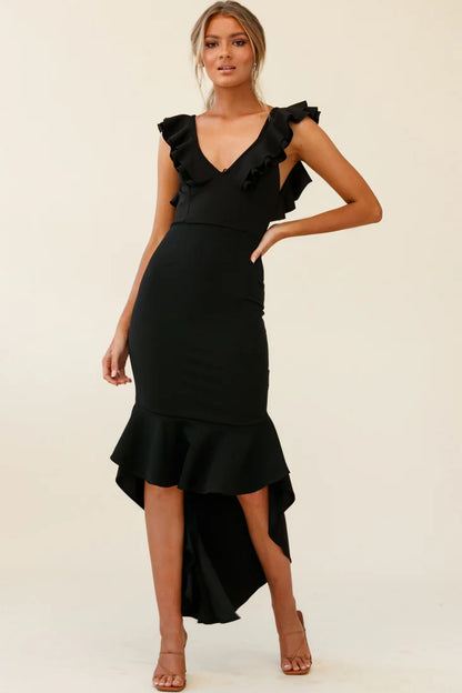 Pearl Ruffle Strap High-Low Hem Dress Black