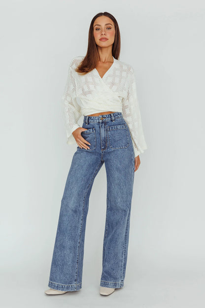 Rivera Deep-V Waist-Tie Top Crochet White
