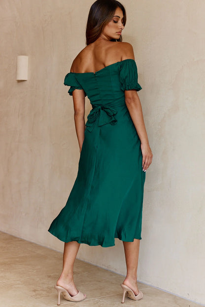 Linka Off-Shoulder Tie Back Midi Dress Forest Green