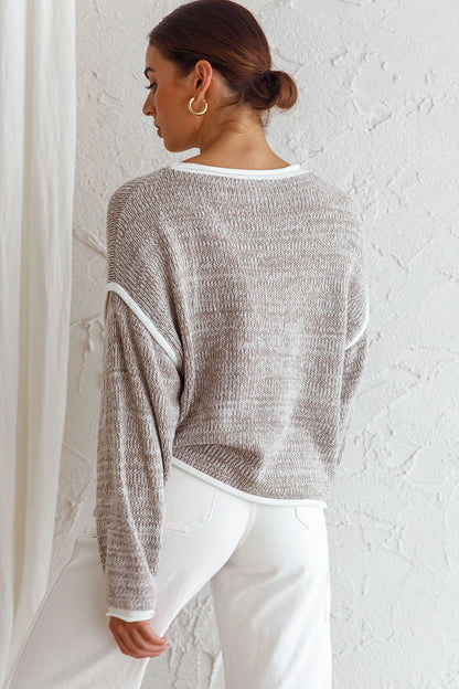 Sitting Pretty Drop Sleeve White Trim Knit Sweater Grey