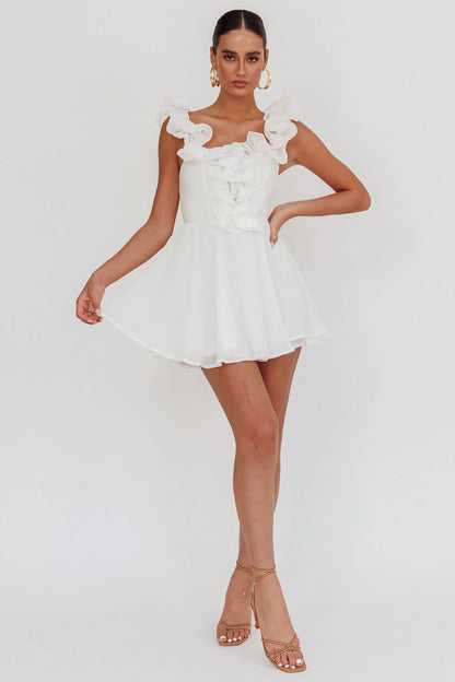 Nivaya Ruffle Neckline Mini Dress White