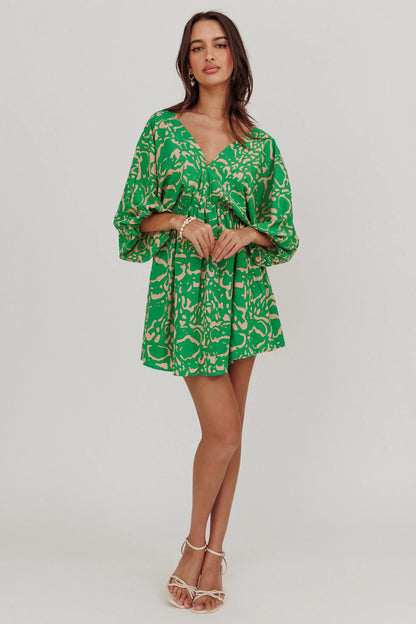 Sugar Coat Print Puff Sleeves Mini Dress Green