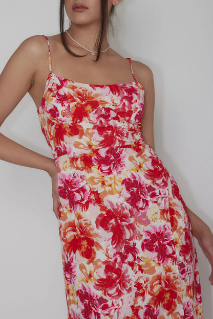Galilea Tied Back Midi Dress Floral Red
