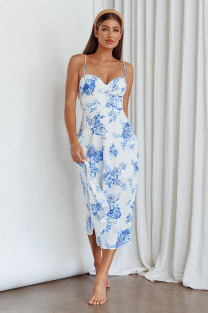 Mi Vida Sweetheart Neckline Midi Dress Floral Blue