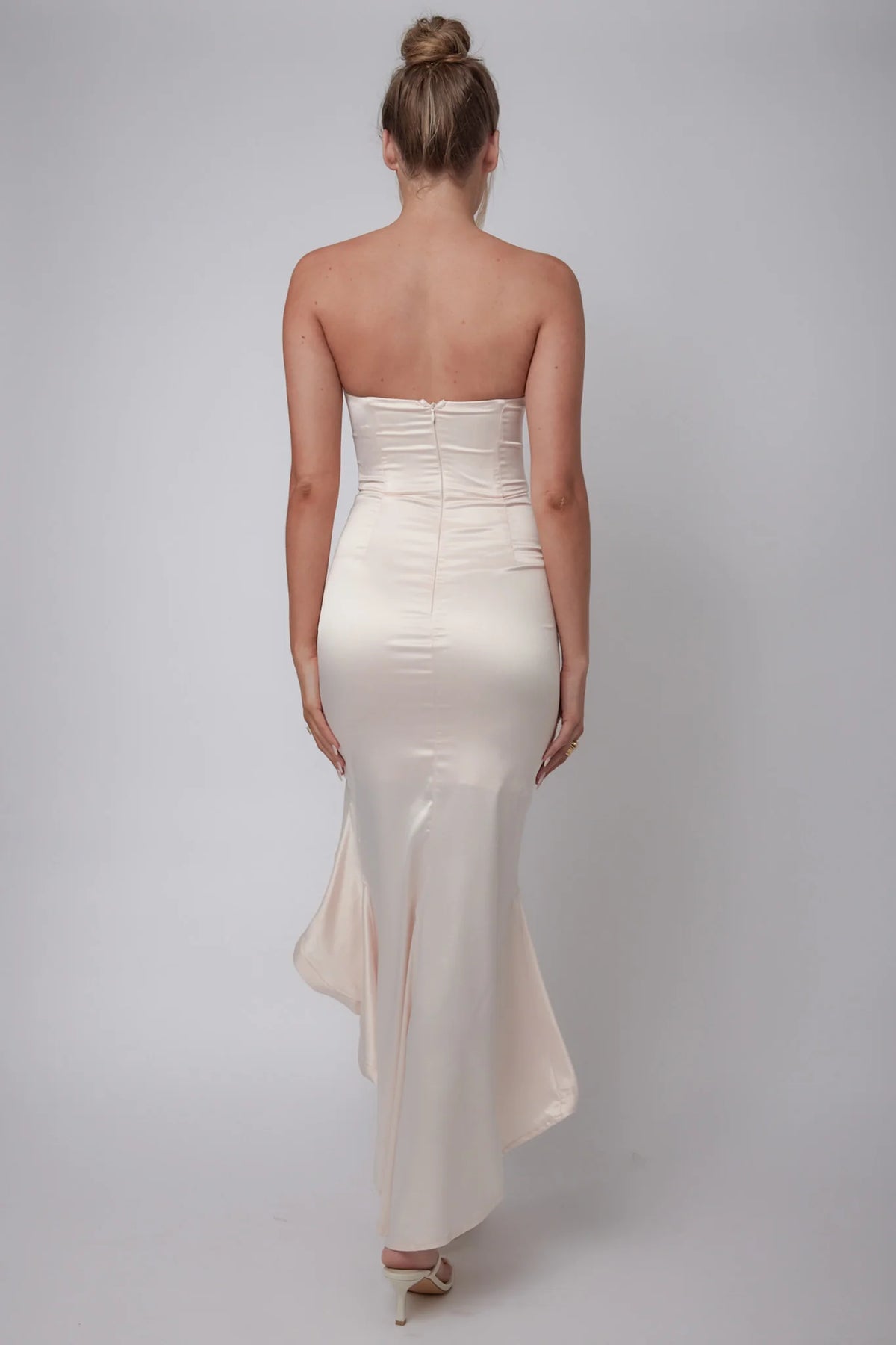 Diony Strapless Ruffle Hem Midi Dress Oyster