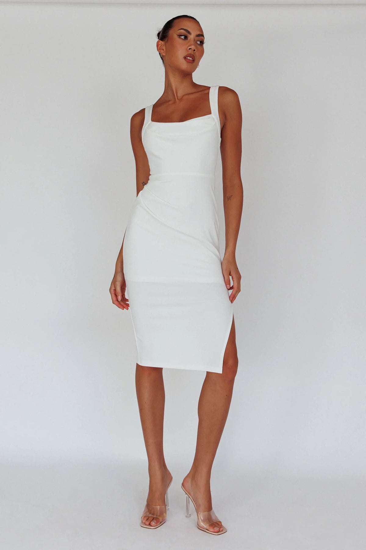 Bella Vista Cowl Neckline Thick Strap Knee Length Dress White
