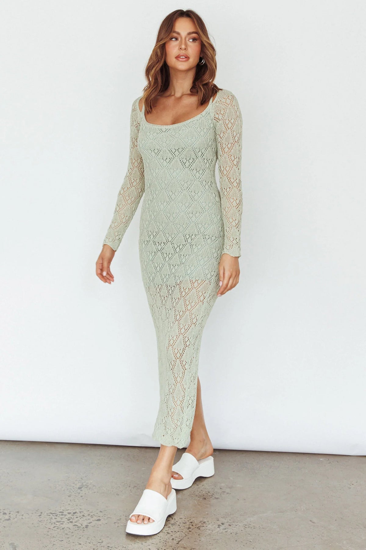 Happy Place Long Sleeve Crochet Midi Dress Sage