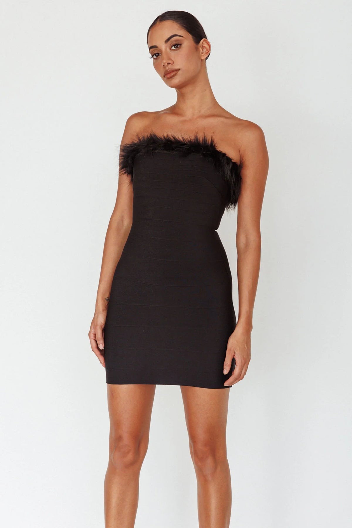 Cherri Fur Trim Mini Dress Electric Black