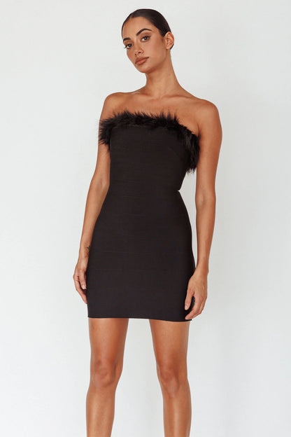 Cherri Fur Trim Mini Dress Electric Black