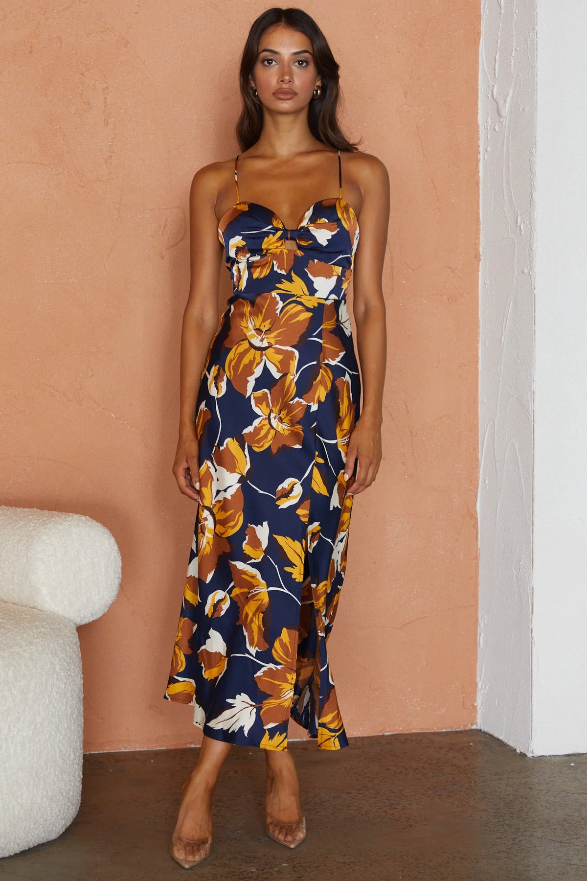 Missoula Cami Strap Padded Bust Midi Dress Floral Print Navy