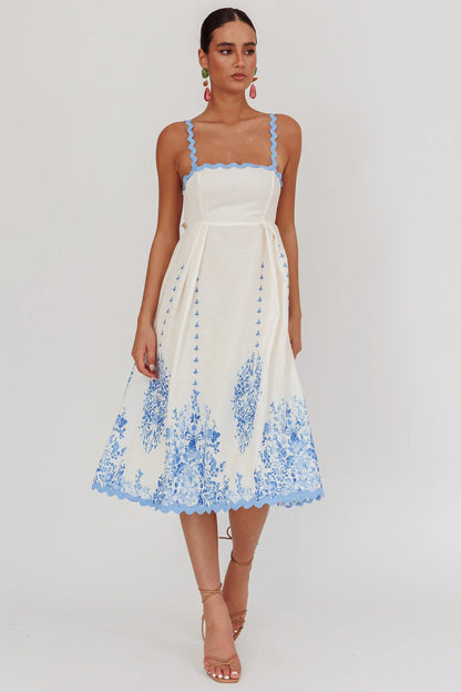 Asami Floral Print Ric Rac Trim Midi Dress Blue