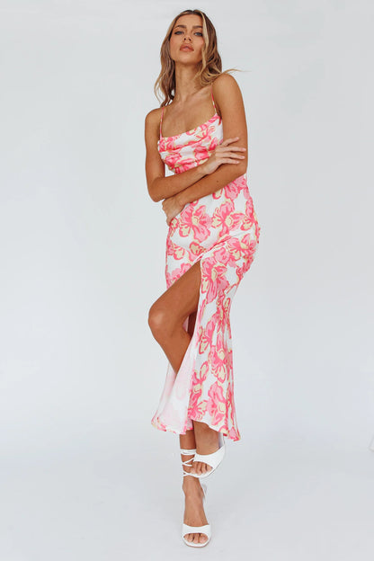 Well Versed Pleated Bust Front Split Dress Flowers Pink