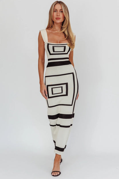 Stargazing Square Print Knit Maxi Dress Beige