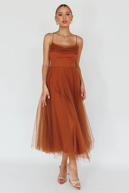 Floating By Pleated Neckline Mesh Midi Dress Brown