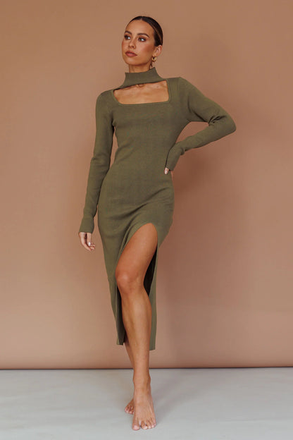 Get Acquainted Cut-Out Bust Midi Dress Olive