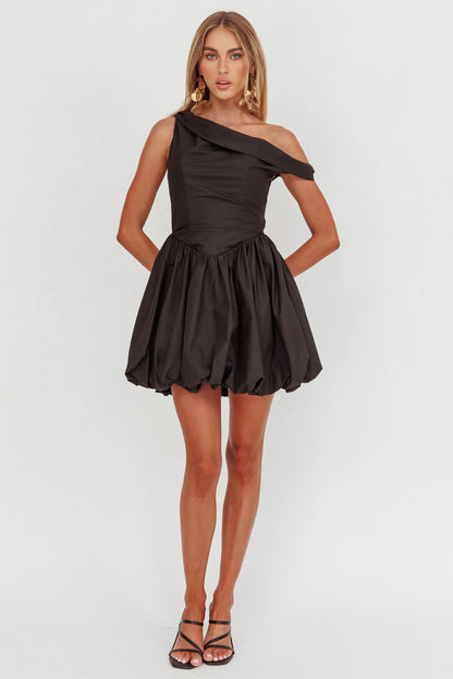 Celinda Asymmetric Neckline Balloon Mini Dress Black