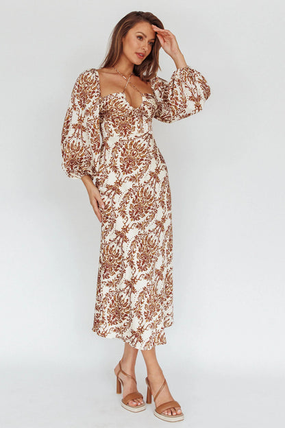Nyree Long Sleeve Maxi Dress Floral Brown