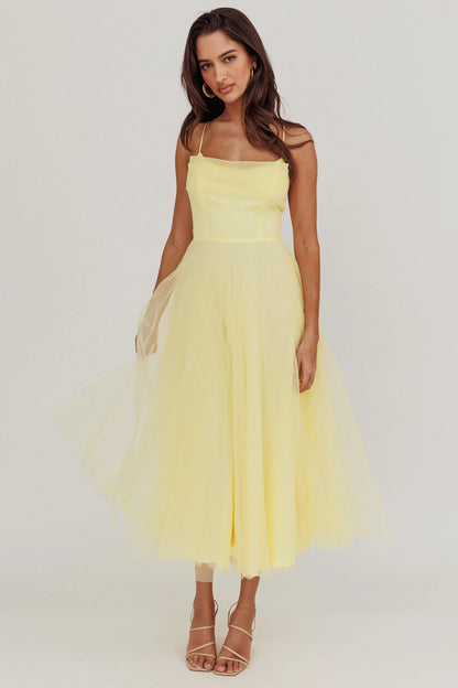 Floating By Pleated Neckline Mesh Midi Dress Yellow