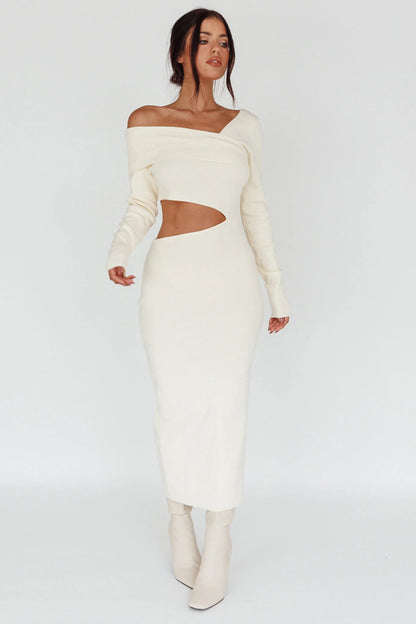 Tamar Long Sleeve One-Shoulder Midi Dress Cream