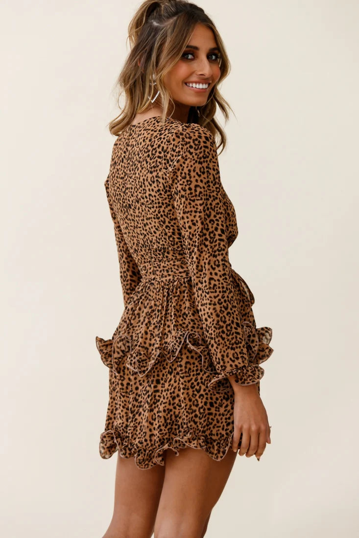 Greta Tiered Ruffle Chiffon Dress Animal Print Brown