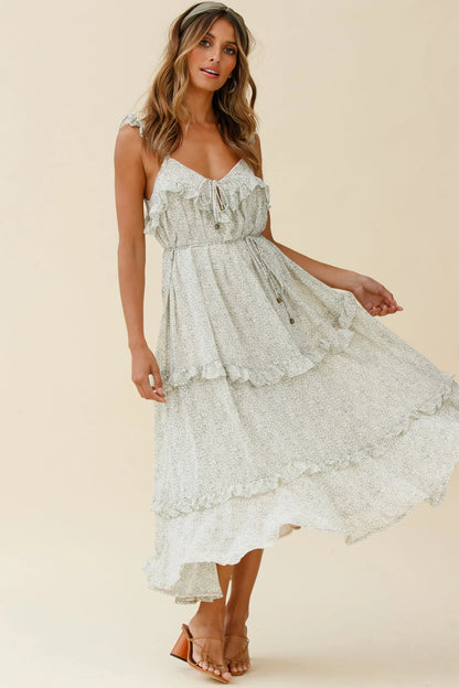 Priscilla Tied Bust Frill Detail Maxi Dress Floral Print Olive