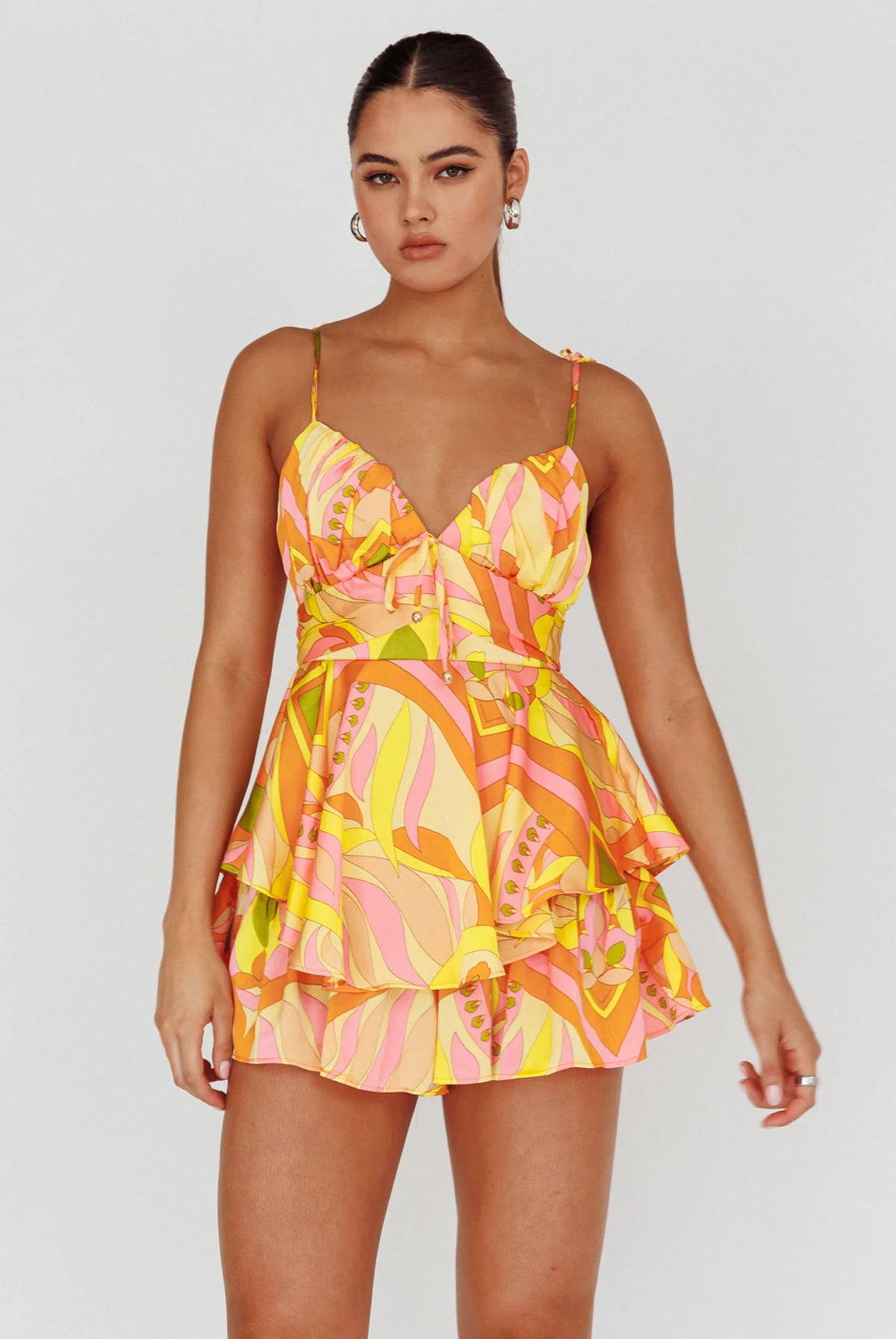 Happy Thoughts Tied Shoulder Romper Yellow Multi