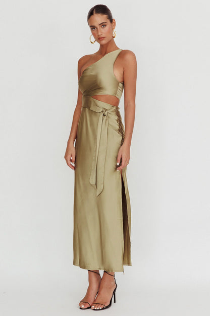 Abloom One Shoulder Satin Maxi Dress Khaki