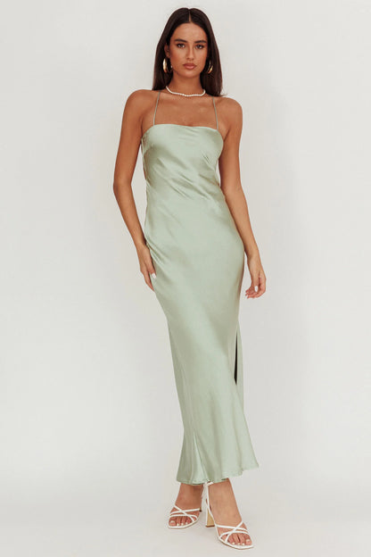 Dolce Life Backless Satin Maxi Dress Sage
