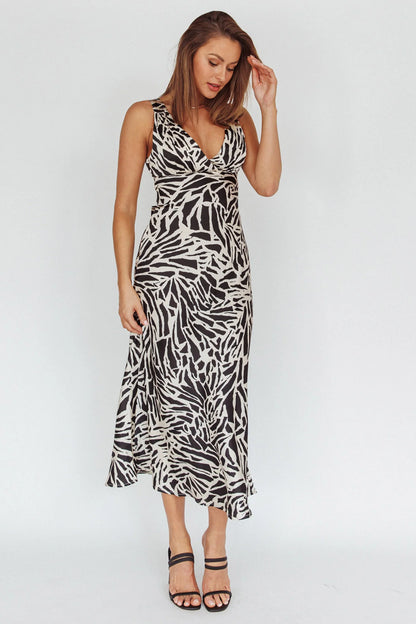 Turin V-Neckline Print Midi Dress Black