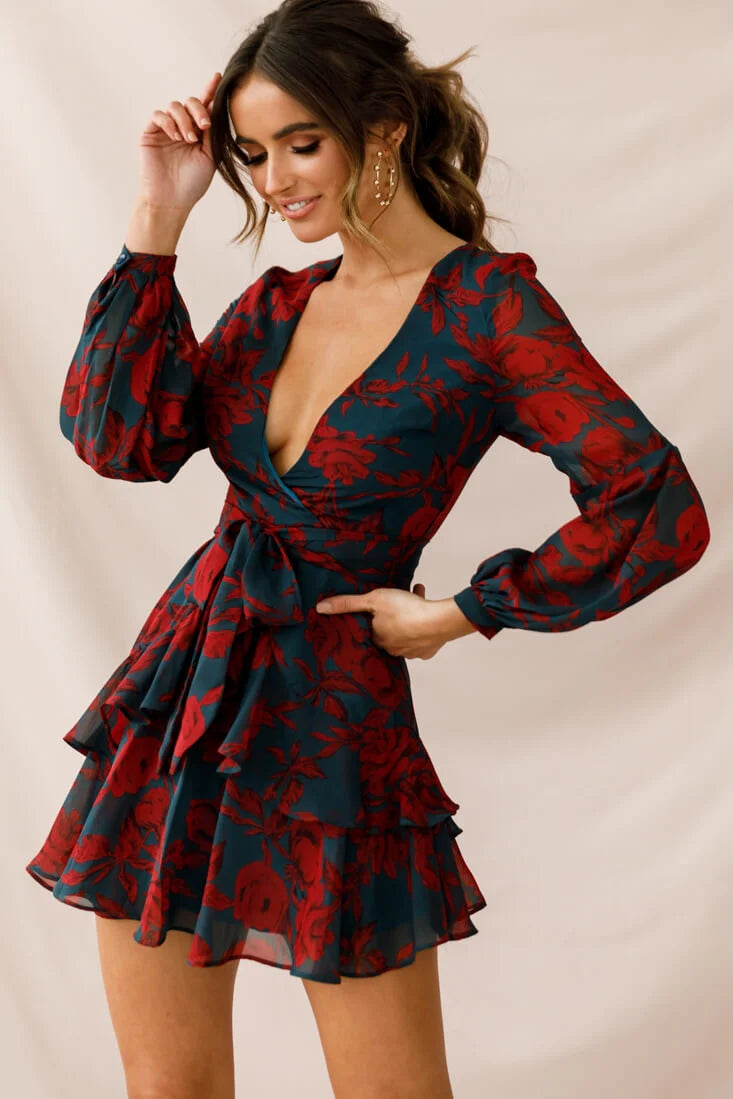Kerry Layered Balloon Sleeve Dress Forest Green/Red