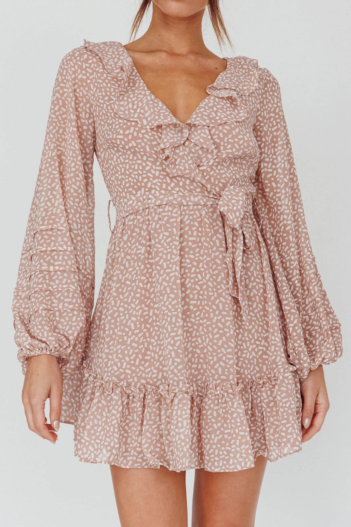 Marcheline Balloon Sleeve Waist Tie Dress Sprinkle Print Pink
