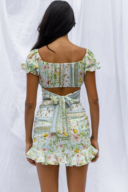 Azure Sky Tied Back Crop Top Printed Green