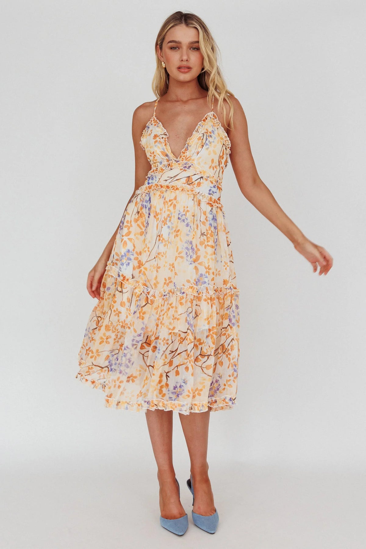 Laney Low Back Cami Strap Midi Dress Floral Orange