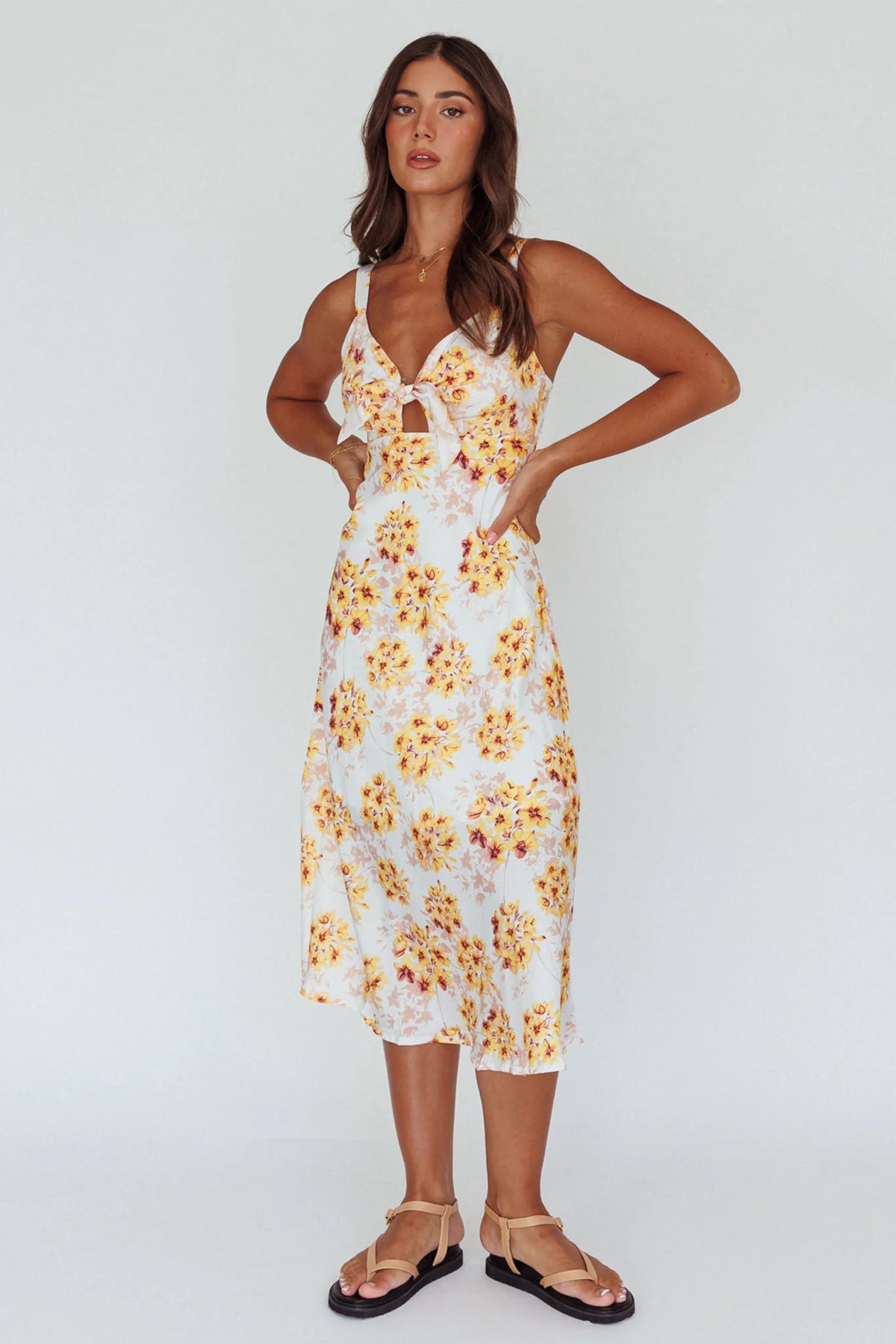 Starry Night Bust-Tie Midi Dress Floral Yellow