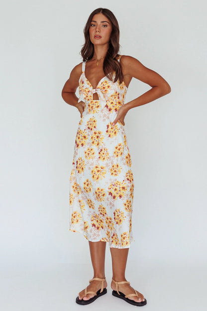 Starry Night Bust-Tie Midi Dress Floral Yellow