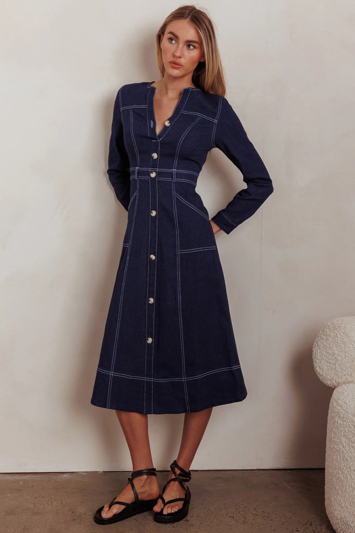 Aspen Love Front Pocket Long Sleeve Midi Dress Indigo