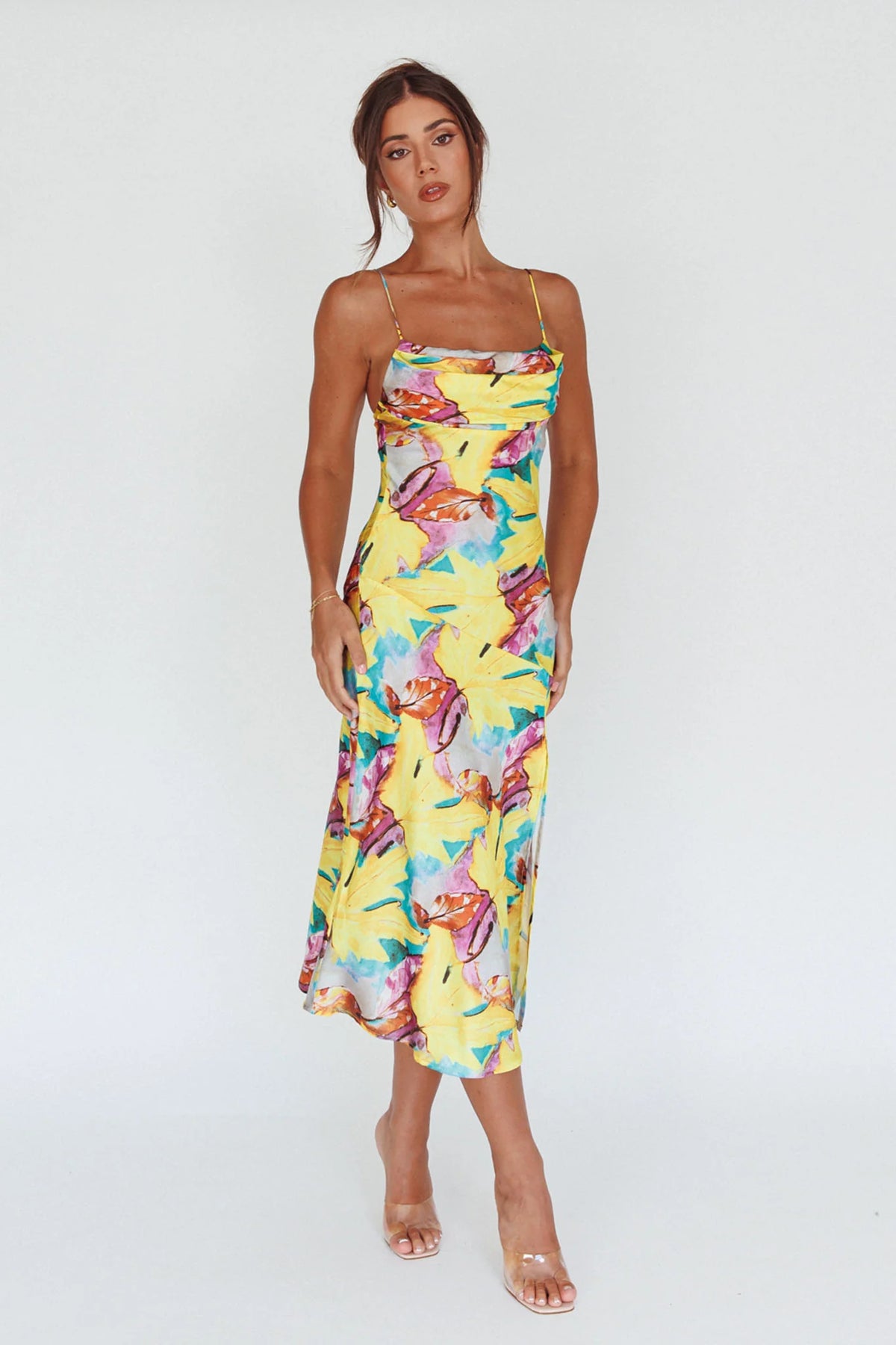 Well Versed Pleated Bust Front Split Dress Leaf Print Yellow