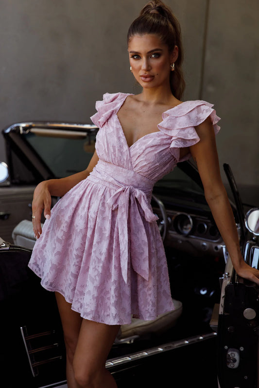 Lola Ruffle Shoulder Ruched Dress Textured Blush