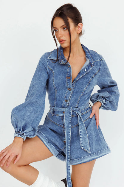 New Day Long Sleeve Button-Up Romper Denim