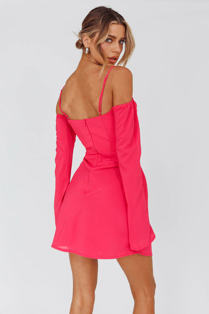 Teava Off-Shoulder Sleeve Laced Mini Dress Hot Pink
