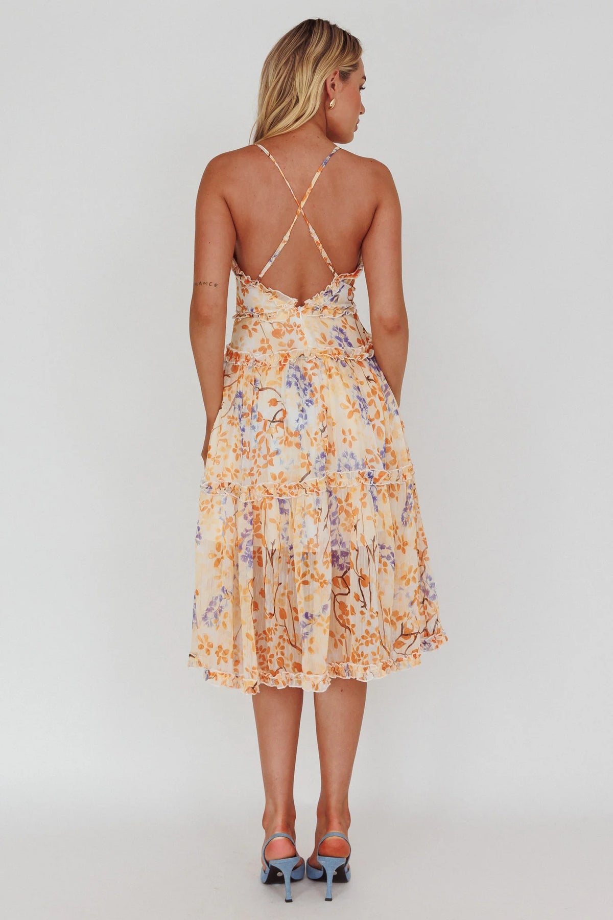 Laney Low Back Cami Strap Midi Dress Floral Orange