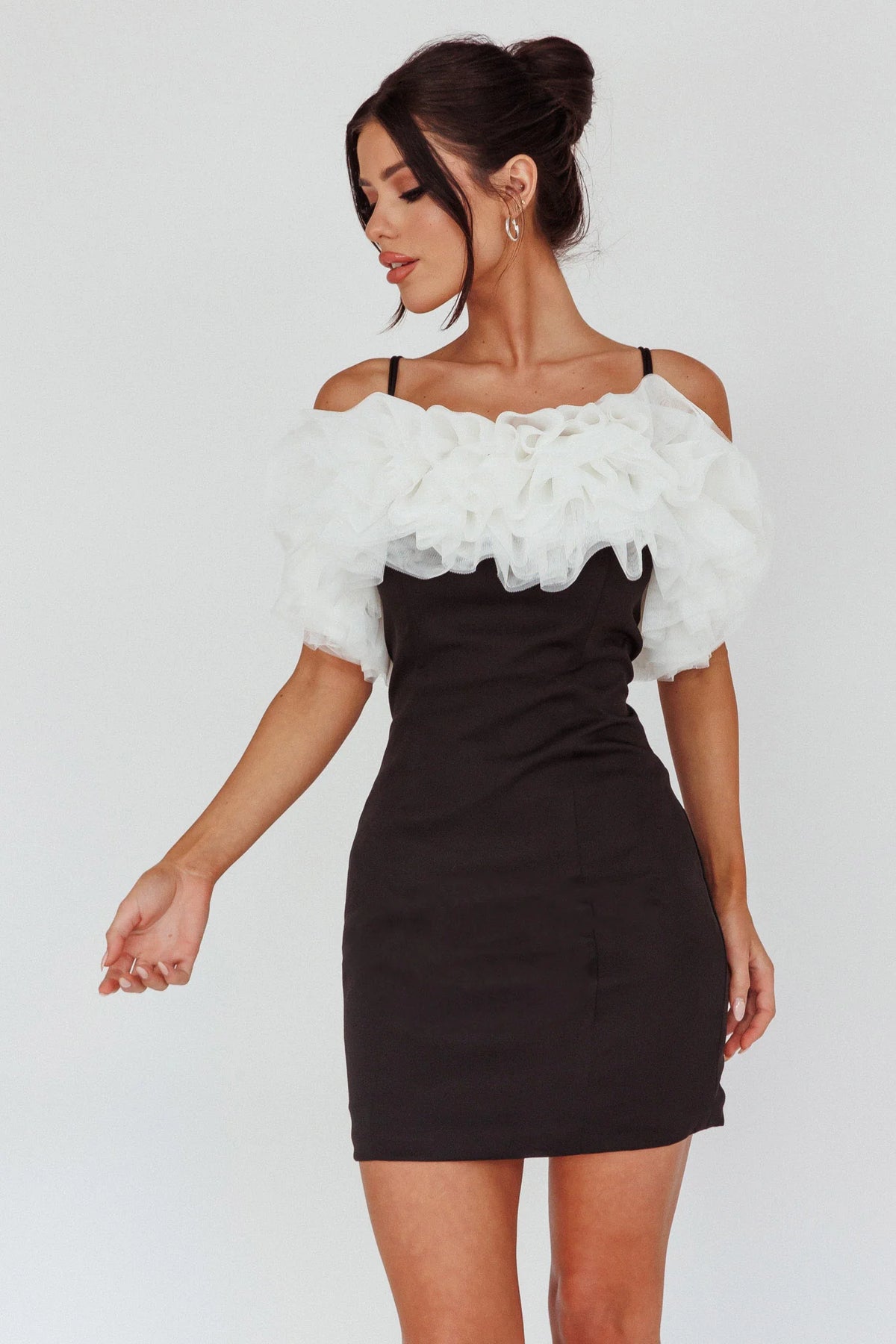 Prima Tulle Neckline Mini Dress Black/White