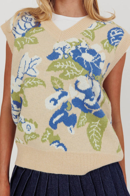 Crushing On You Sleeveless Floral Sweater Vest Taupe