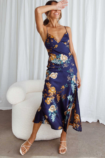 Downtown Cami Strap Front Split Midi Dress Oriental Flower Print Navy