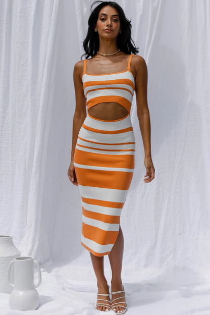 Dayana Cut-Out Waist Side Split Knit Midi Dress Striped Orange
