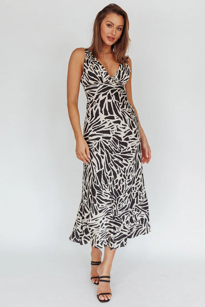 Turin V-Neckline Print Midi Dress Black