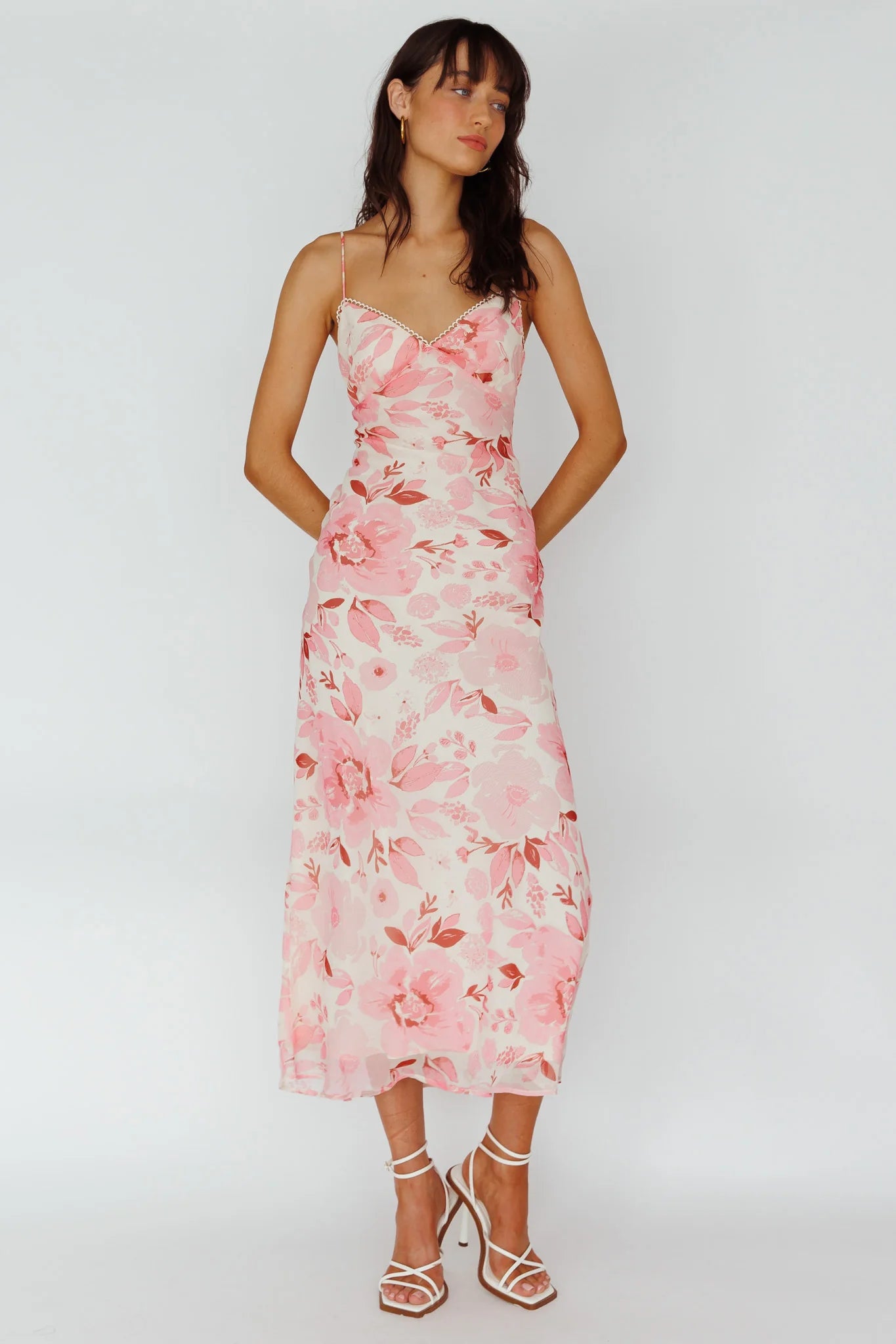 Egypt Cami Strap Midi Dress Floral Pink