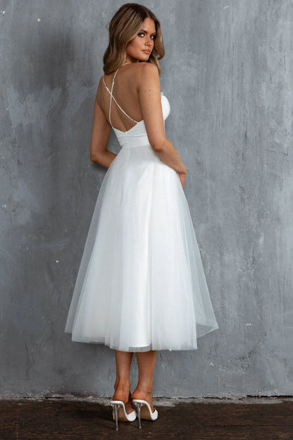 Smitten Sweetheart Neckline Chiffon Midi Dress White